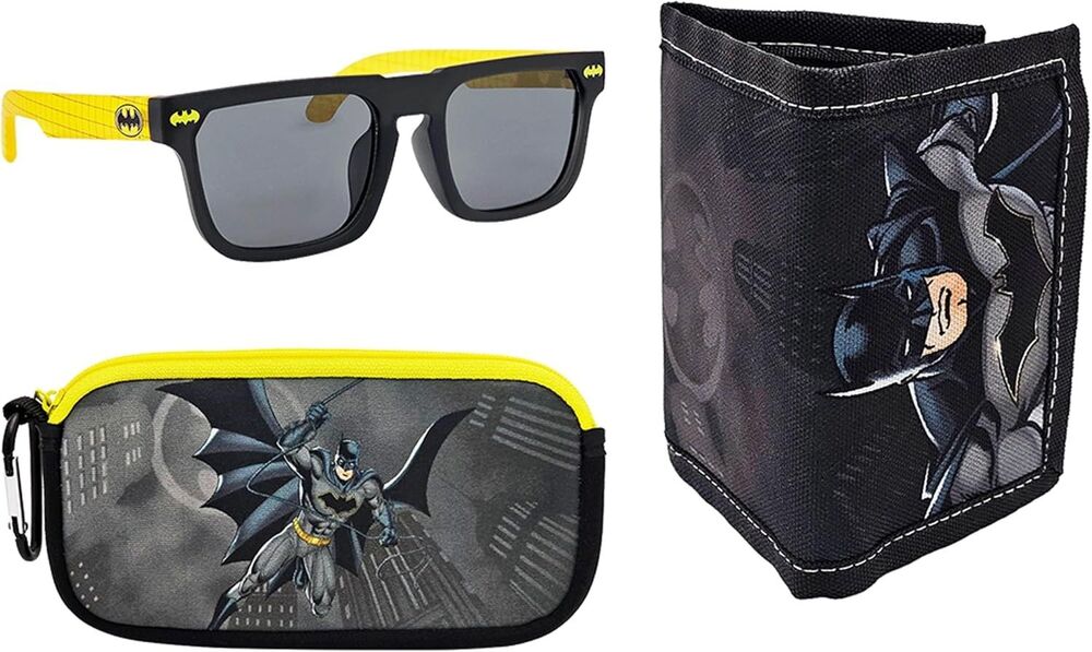 Batman Boys Wallet Sunglasses 3 Piece Kids Accessory Gift Set *Case Included*